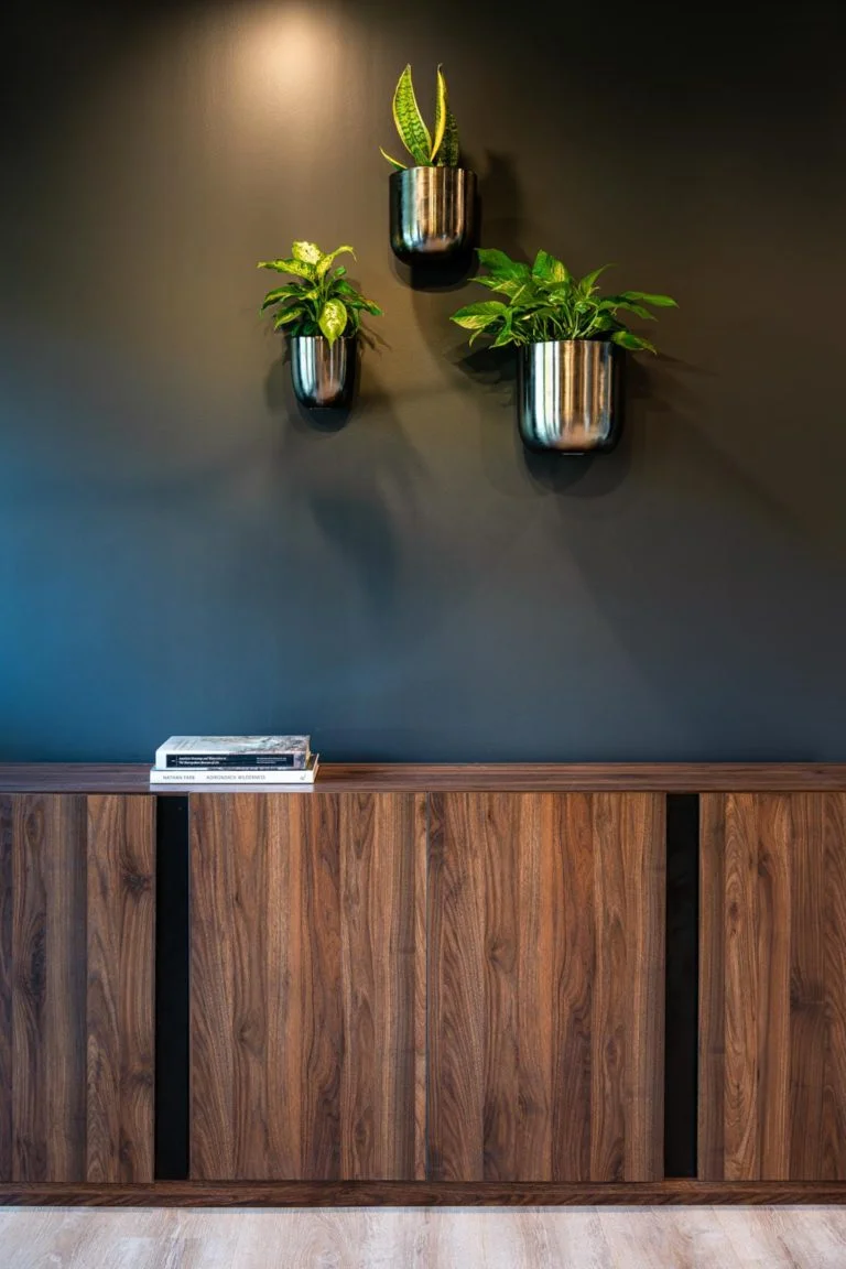 A wooden sideboard with plants on the wall.