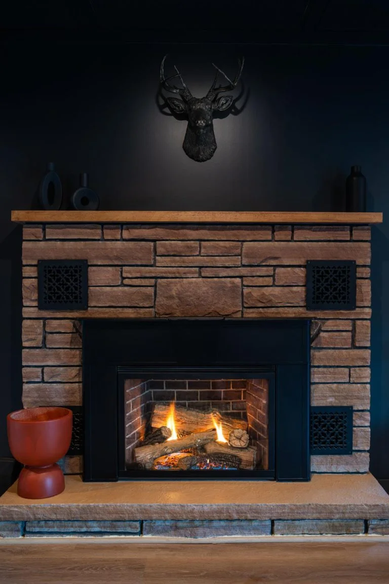 A fireplace with a deer head on it.
