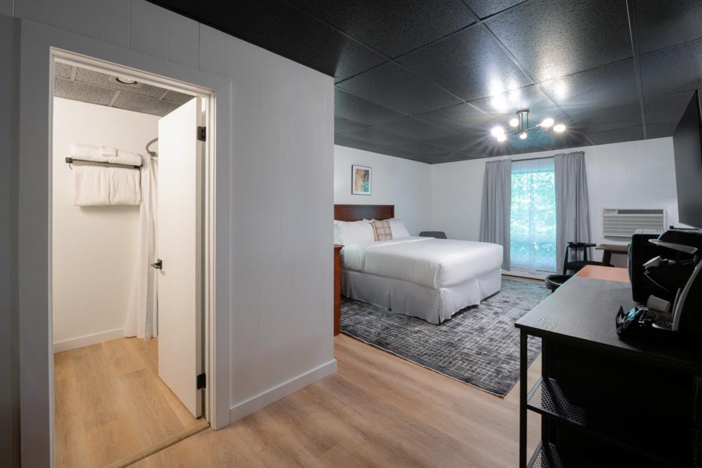 A room with a bed and a closet.