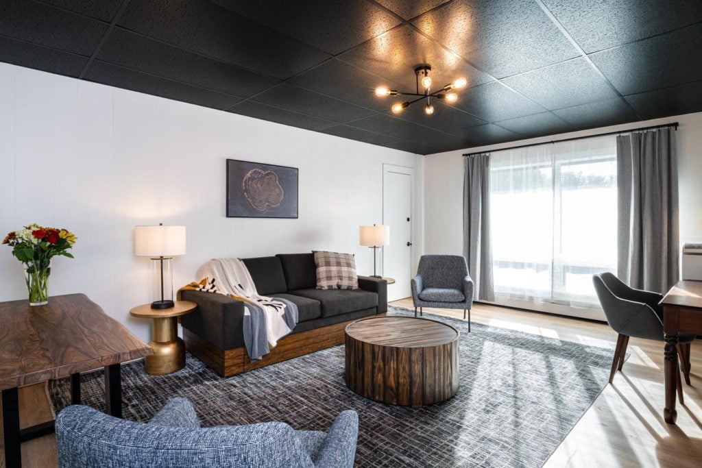 A living room with a black ceiling and black furniture.