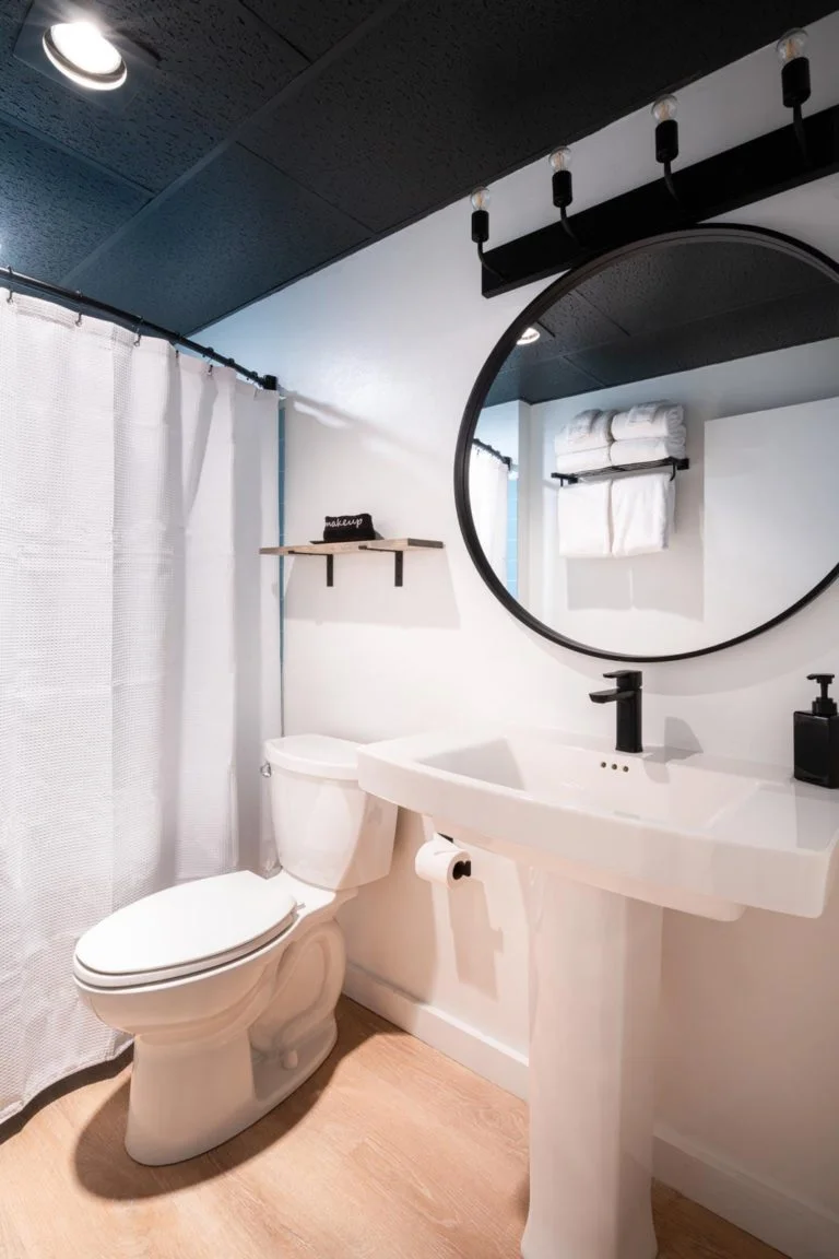 A black and white bathroom with a toilet and sink.