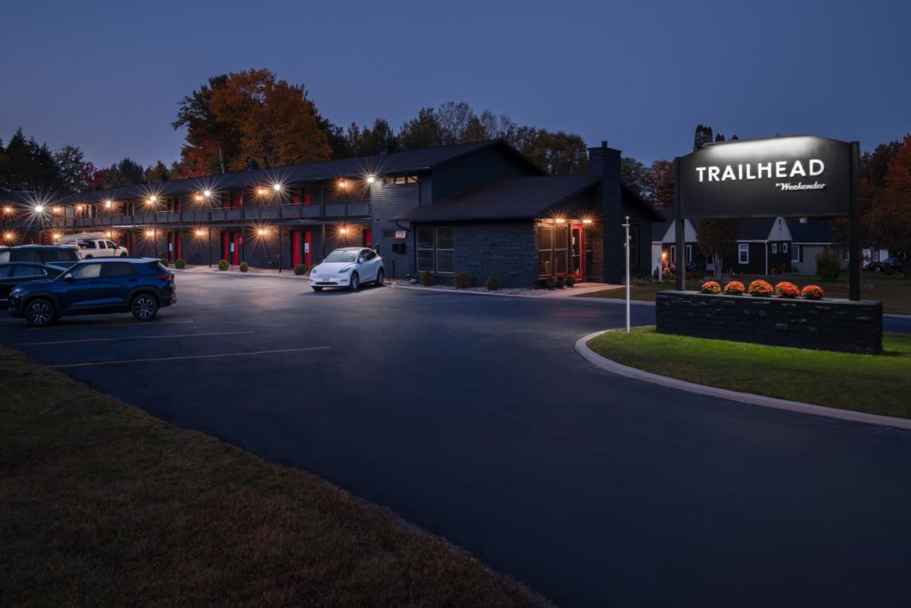 Trailhead motel at night.