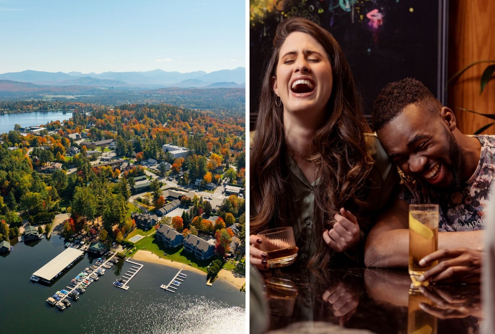 A split image showing an aerial view of a lakeside town in autumn on the left and two people laughing and holding drinks at a bar on the right.